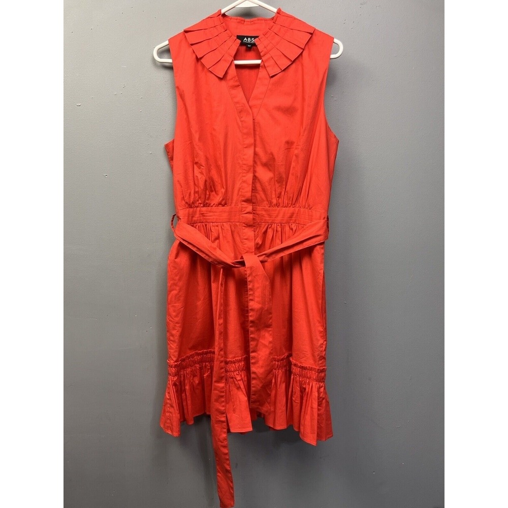 ABS Collection Dress Womens Small Coral Sleeveless Pleated Collar Ruffle Belted